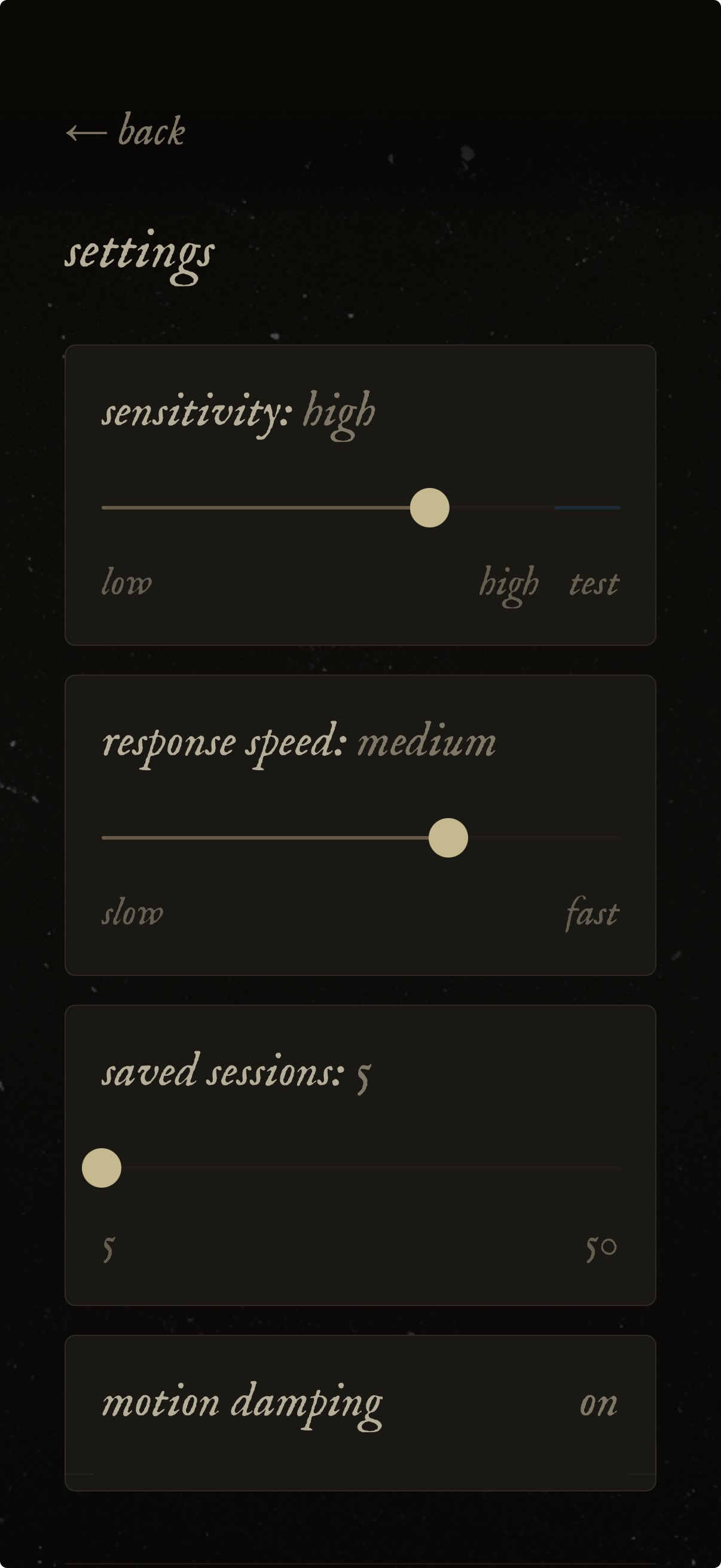 Meridian Loom settings screen showing sensitivity, trigger pacing and motion damping controls